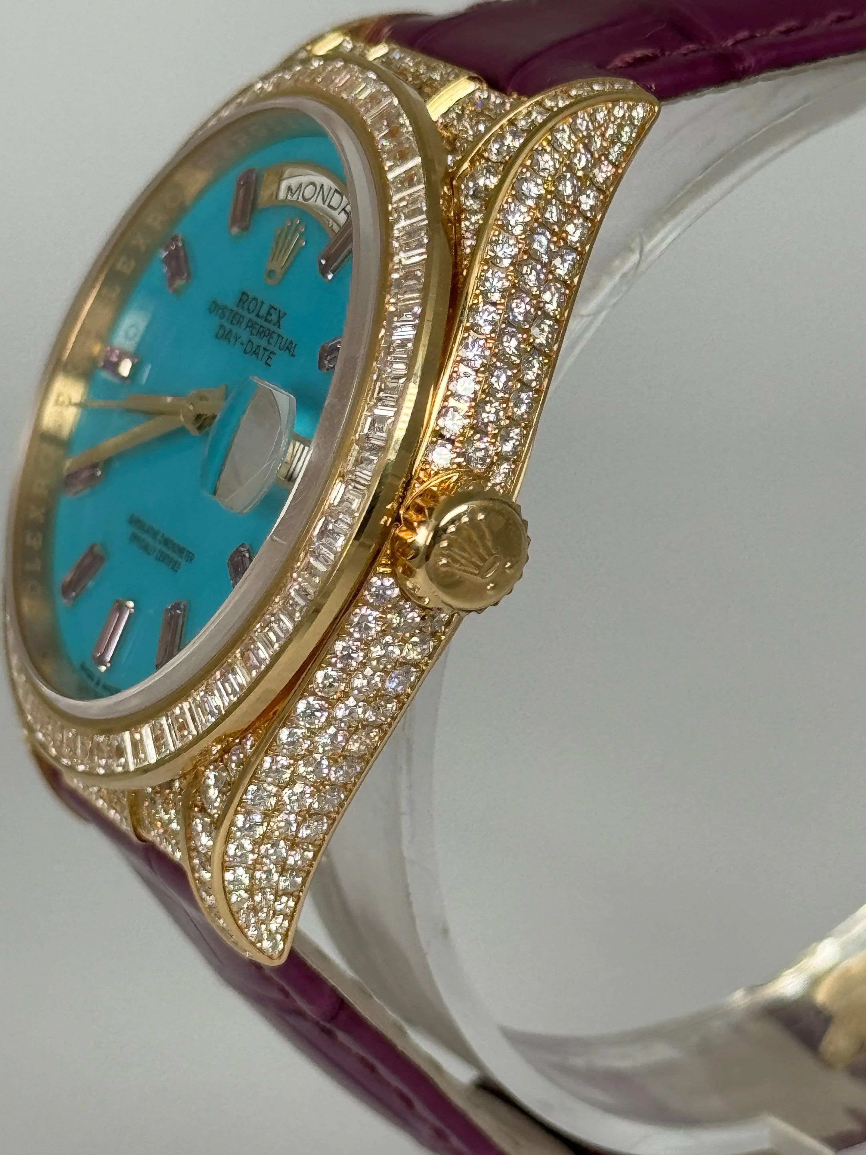 ROLEX DAY-DATE 36MM PURPLE BAGUETTE FULL FACTORY DIAMOND SET 128458TBR