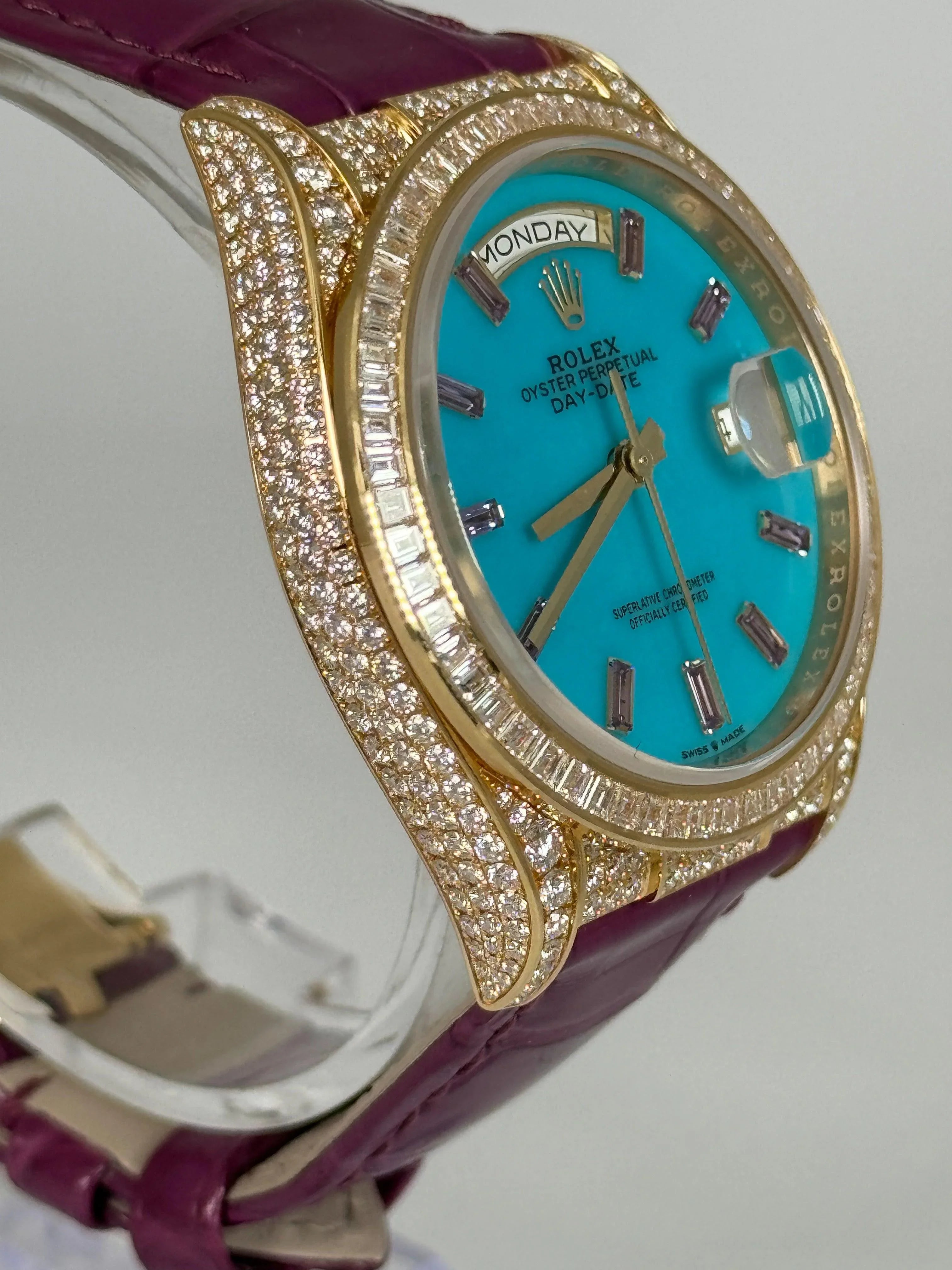 ROLEX DAY-DATE 36MM PURPLE BAGUETTE FULL FACTORY DIAMOND SET 128458TBR
