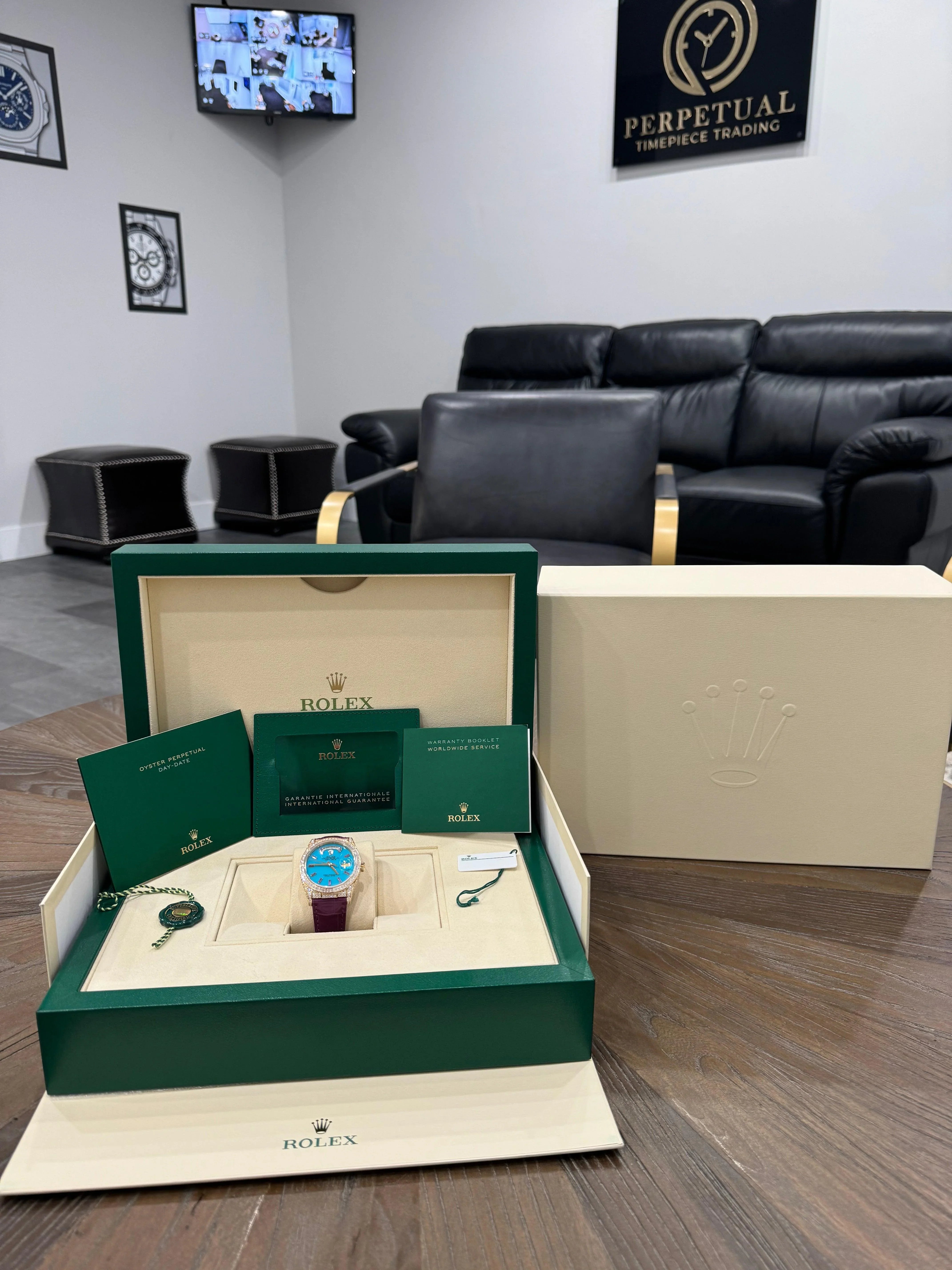 ROLEX DAY-DATE 36MM PURPLE BAGUETTE FULL FACTORY DIAMOND SET 128458TBR