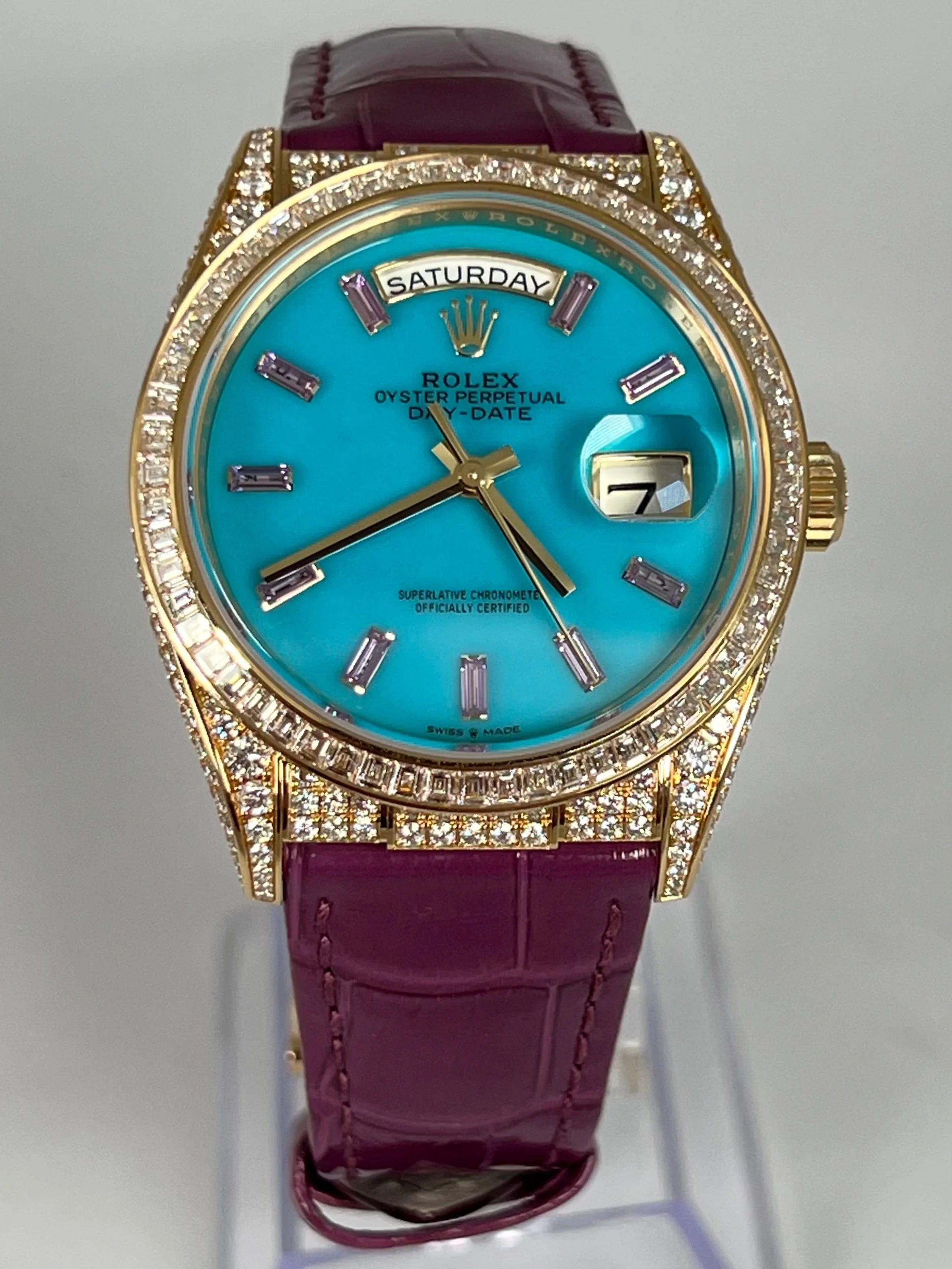 ROLEX DAY-DATE 36MM PURPLE BAGUETTE FULL FACTORY DIAMOND SET 128458TBR