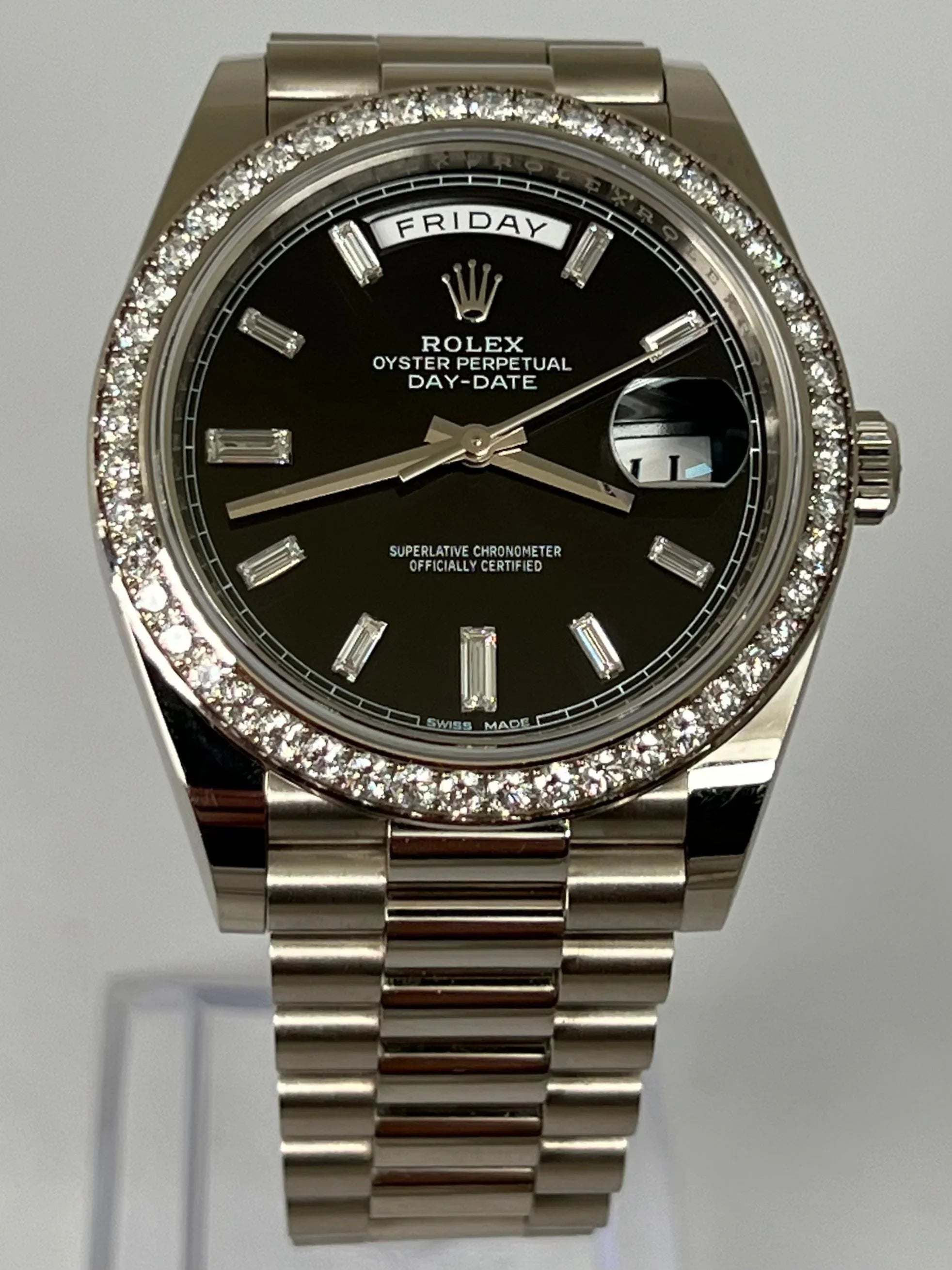 ROLEX DAY-DATE BLACK BAGUETTE DIAL DIAMOND BEZEL 228349RBR