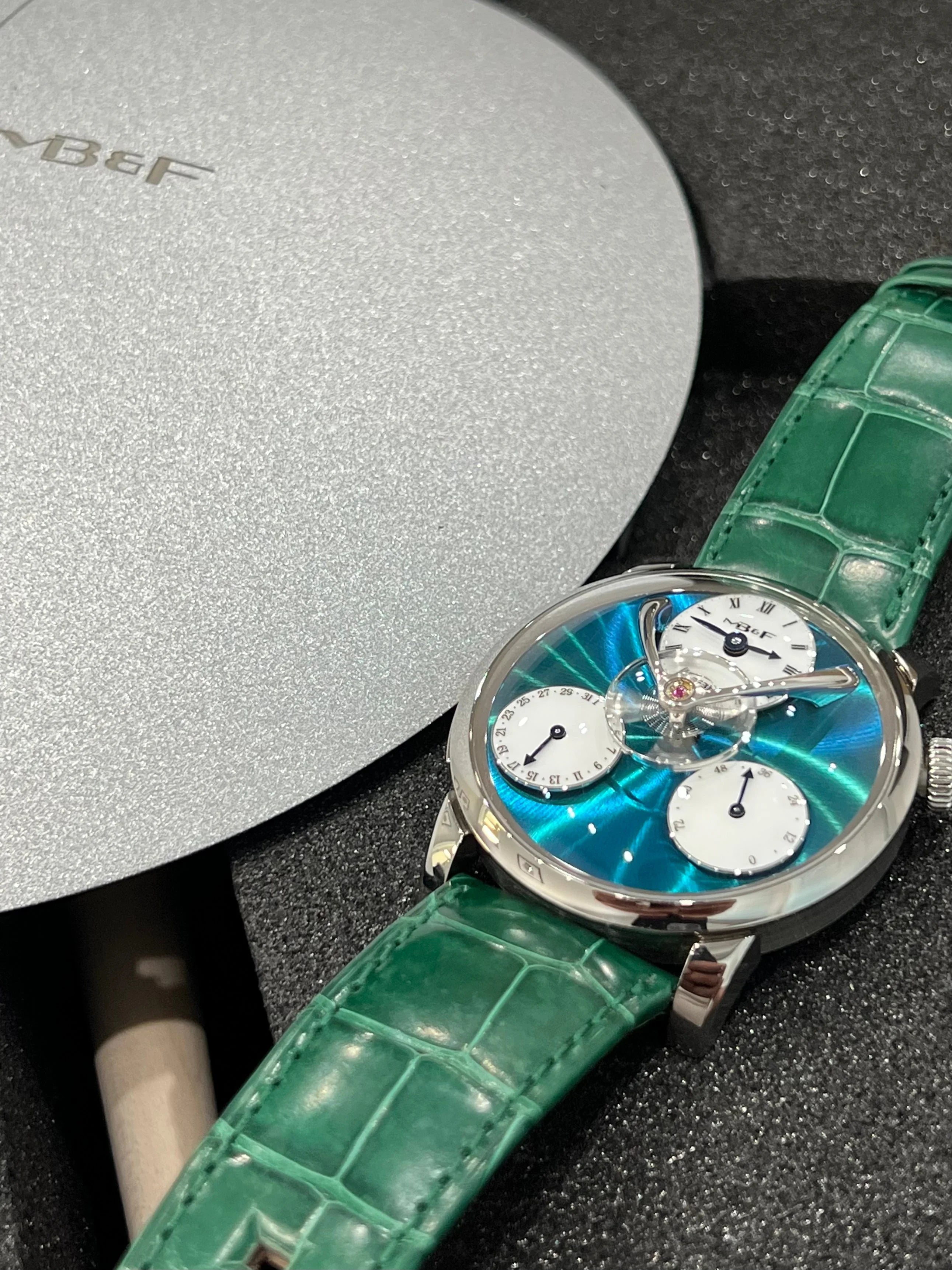 MB&F LEGACY MACHINE SPLIT ESCAPEMENT TITANIUM GREEN DIAL 33 MADE