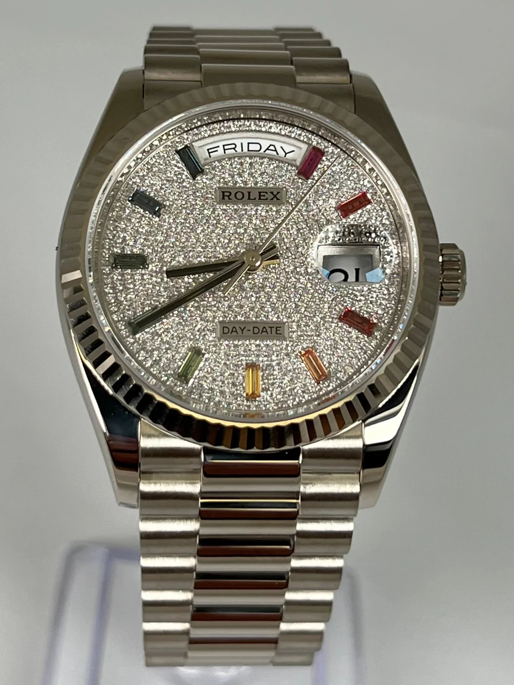 ROLEX DAY DATE PRESIDENT PAVE DIAL WITH RAINBOW BAGUETTES 128239