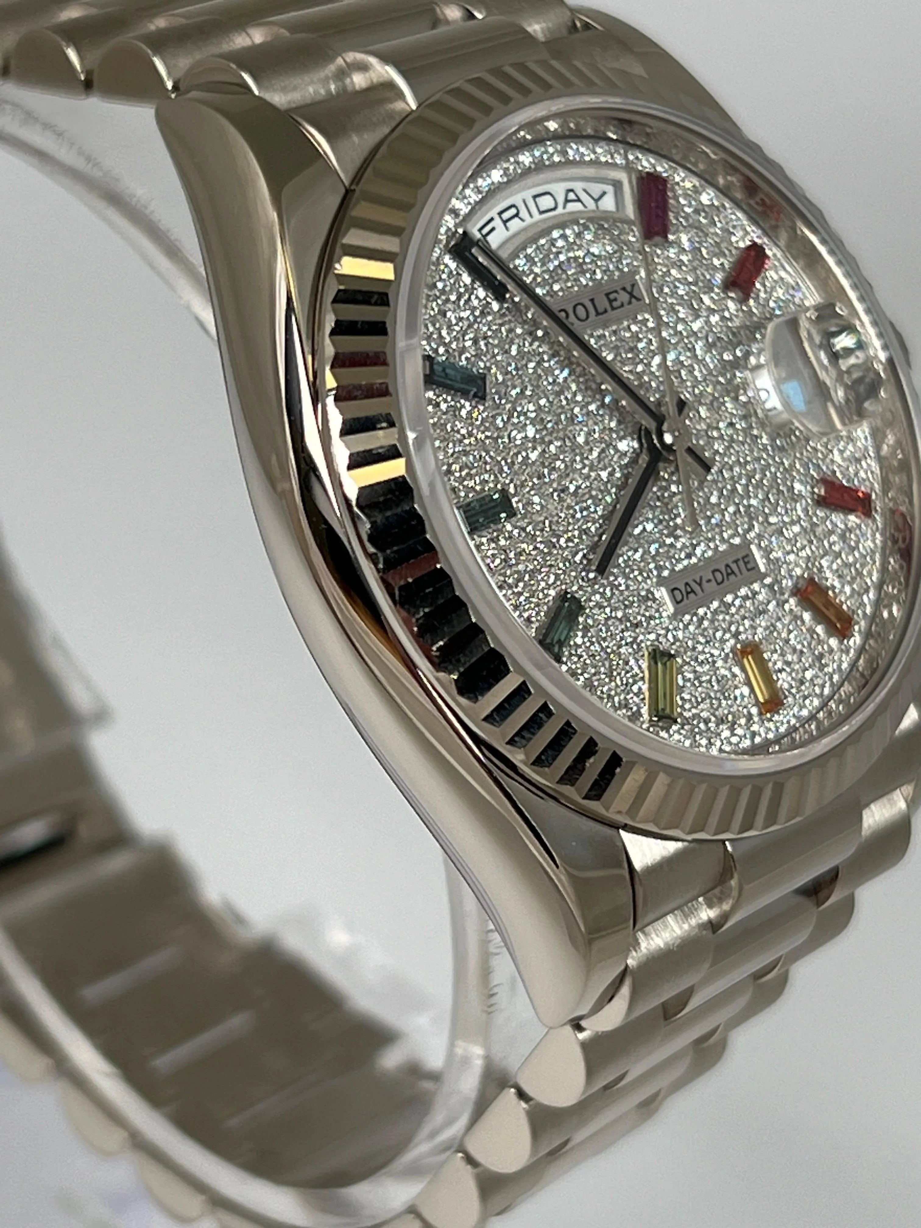 ROLEX DAY DATE PRESIDENT PAVE DIAL WITH RAINBOW BAGUETTES 128239